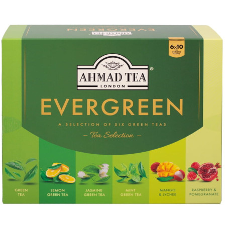 Ahmad Tea Evergreen zestaw 10 x 6 smaków herbat zielonych 60 torebek aluminiowych